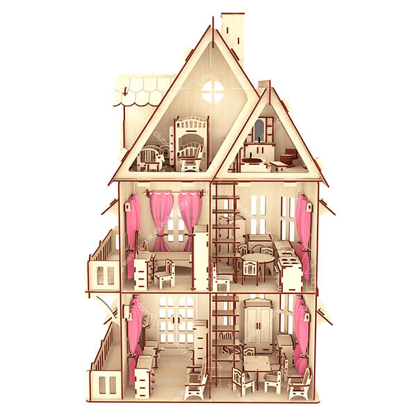 Трехэтажный деревянный кукольный домик с шестью комплектами мебели